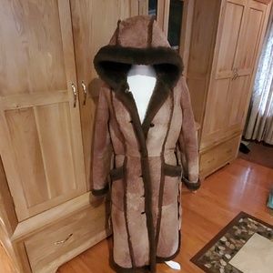 Shearling full length coat brown